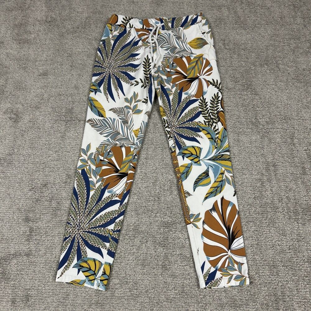 Flora Ashley Pants Womens Large Blue Stretch Waist Tropical Floral Pockets Italy